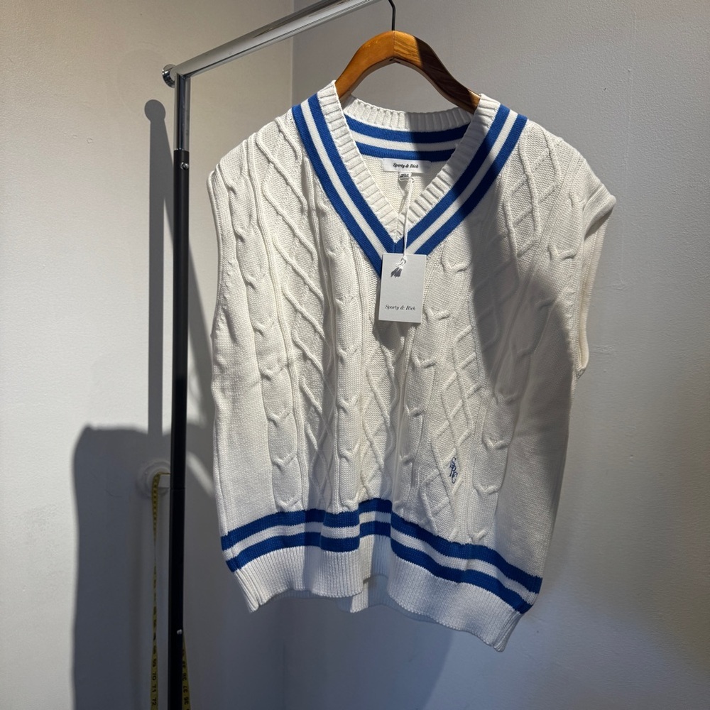 Sporty & Rich White and Blue Cable Knit Sweater Vest